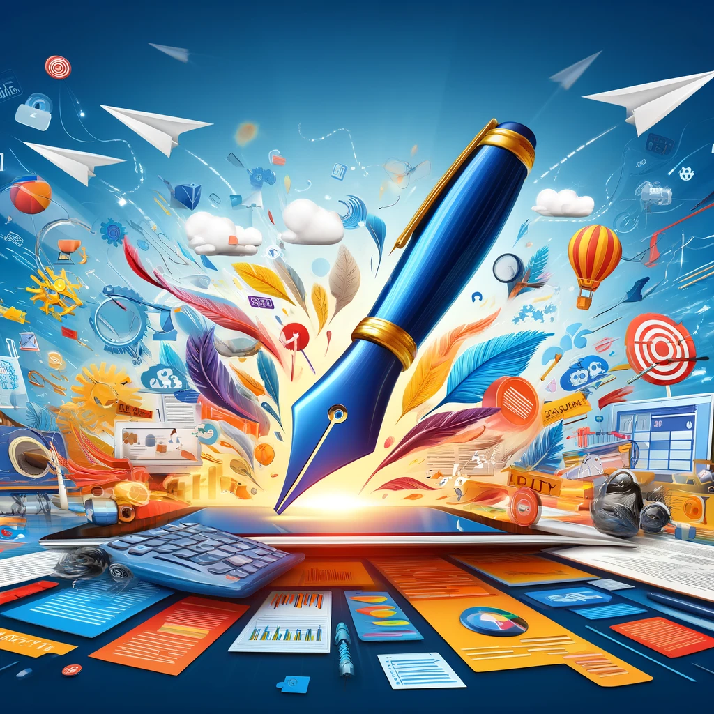 Vibrant digital illustration of content marketing featuring a large pen writing on a digital screen, paper planes symbolizing information spread, and various content formats like blogs and videos in the background, colored in bright blues, oranges, and yellows.