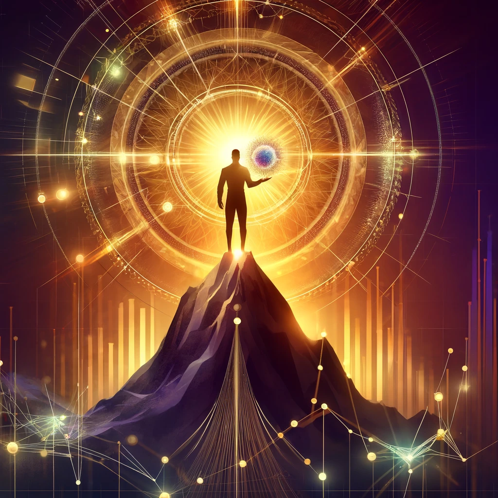 Modern digital illustration of a figure standing atop a hill, holding a glowing orb and overlooking a landscape of ascending graphs and networks, against a sunrise backdrop in gold, orange, and purple, representing thought leadership and innovation.
