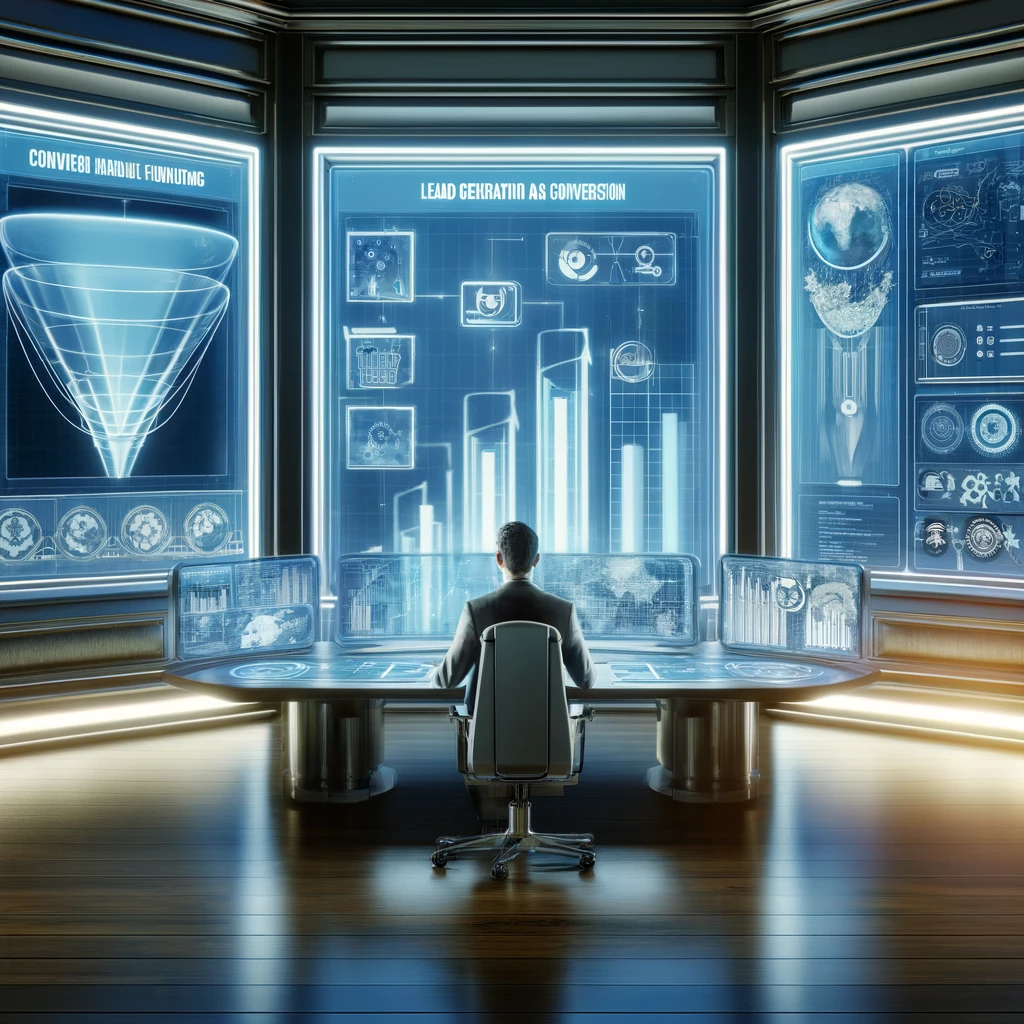 Digital illustration of a futuristic control room with a person managing data analytics, conversion funnels, and customer interaction maps on multiple screens, set in an environment with sleek, metallic surfaces and ambient blue lighting.