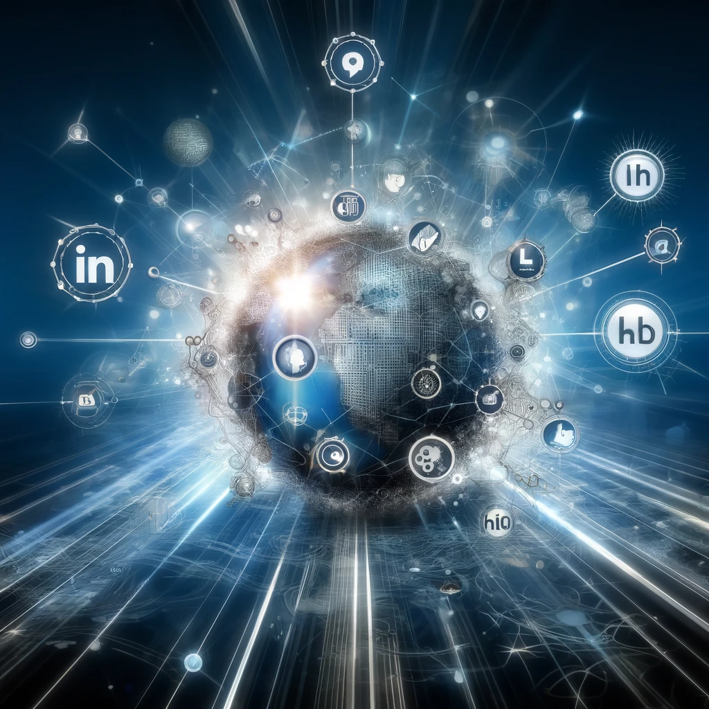Modern digital illustration showcasing a network of nodes connected by light beams with a central digital globe displaying social media icons, in shades of blue, silver, and white, emphasizing the digital connectivity in B2B IT marketing.