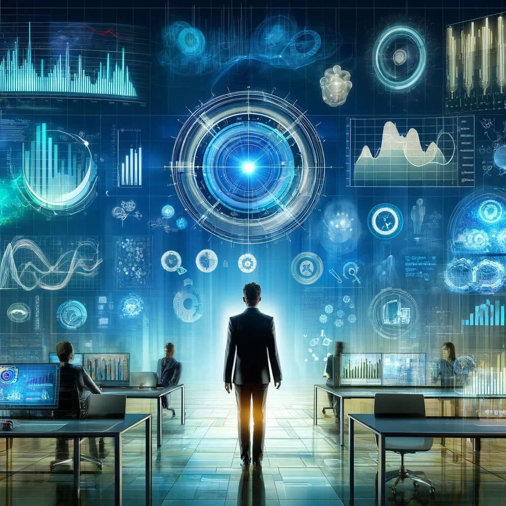 Digital illustration of a marketer surrounded by data visualizations such as charts, graphs, and digital maps in a high-tech office, using shades of blue and green to emphasize technology and growth in marketing analytics.