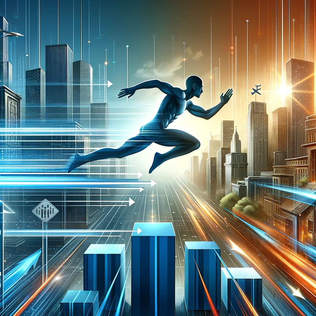 Digital illustration of an athletic figure leaping between platforms representing business challenges, set against a cityscape transitioning from old to high-tech architecture, in vibrant blues and oranges.