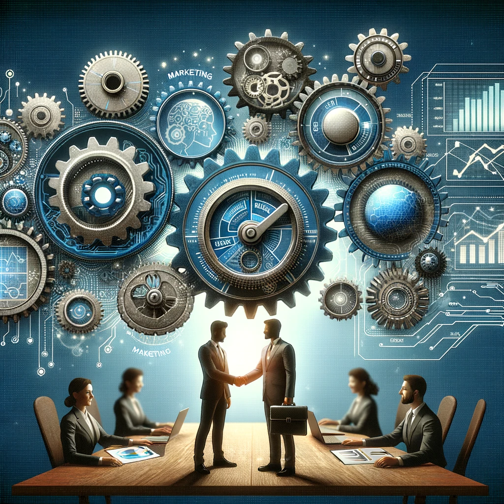 Conceptual illustration showing two figures, one in a suit and the other in creative attire, shaking hands over a table with data analytics and marketing strategies, surrounded by intertwined gears and circuits in shades of blue and grey.