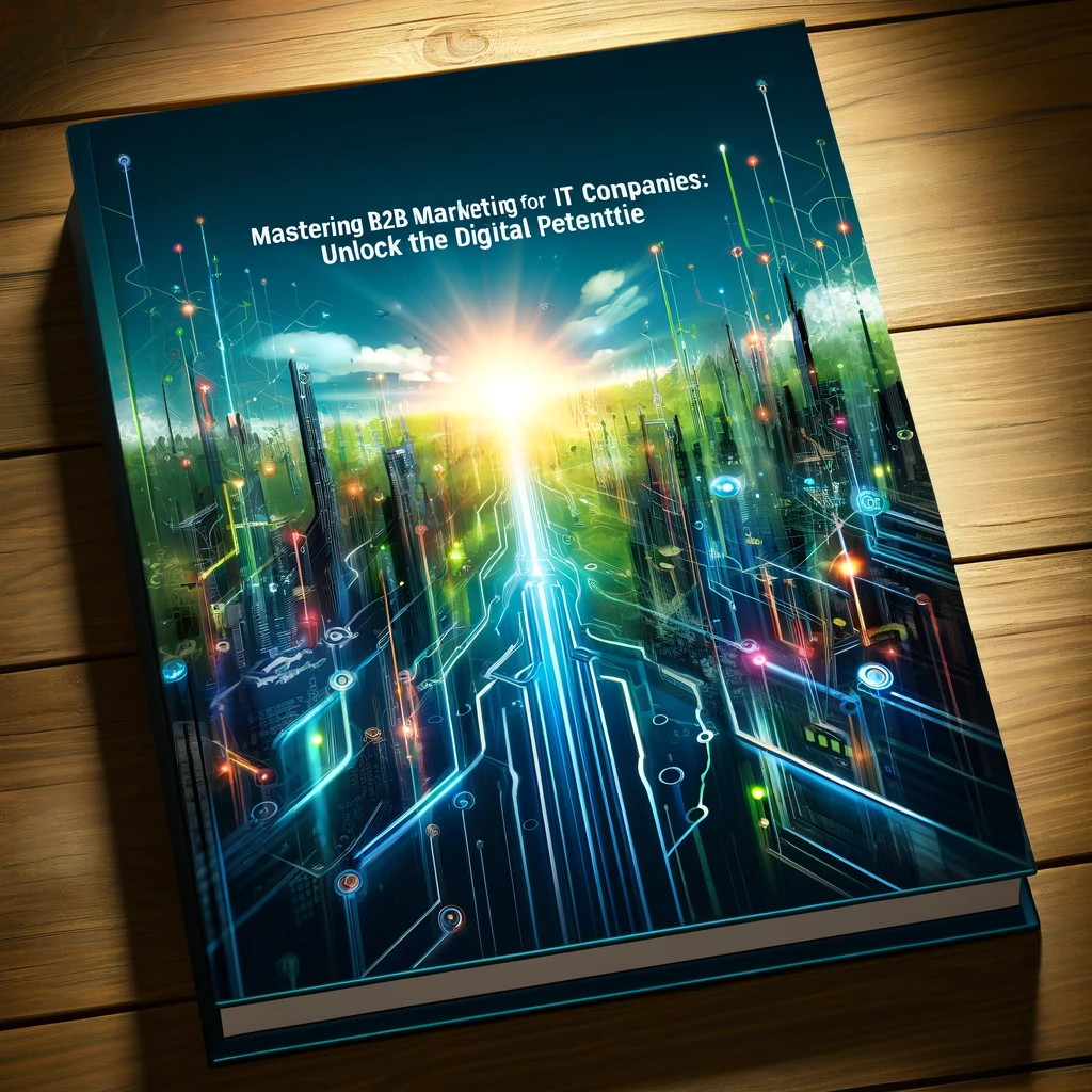 Book cover illustration for 'Mastering B2B Marketing for IT Companies', showcasing a stylized digital landscape with abstract circuit patterns and network grids in blues and greens, symbolizing innovation and growth in IT.