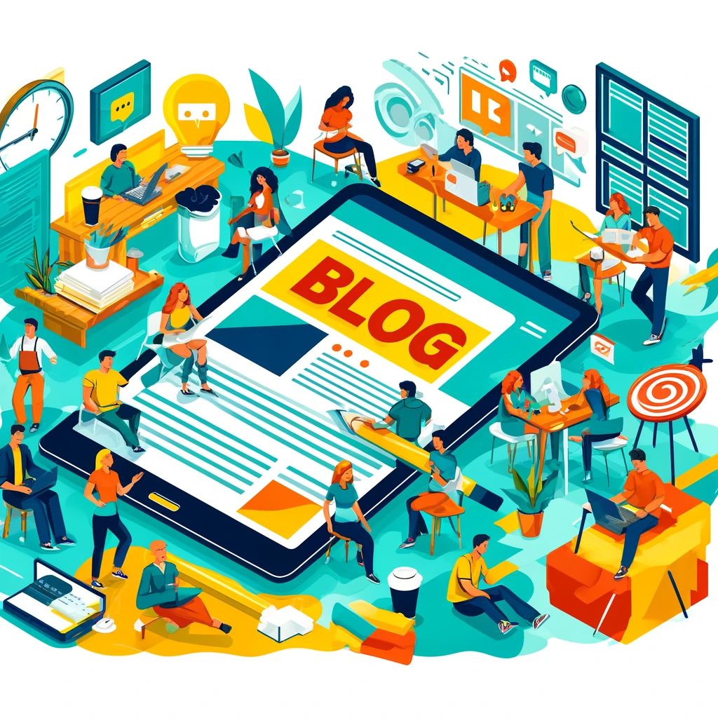 Digital illustration of a diverse group of people around a large digital tablet displaying a blog layout, in a workspace filled with laptops and coffee cups, colored in bright teal, yellow, and orange to signify creativity and engagement.