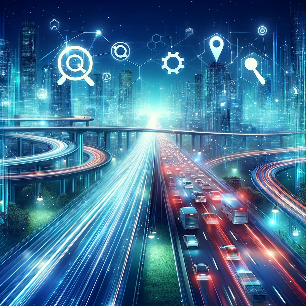 Digital illustration of a digital highway with data flowing like traffic, surrounded by floating icons of SEO tools, set against a futuristic cityscape glowing in shades of blue and green, symbolizing web traffic growth and SEO enhancement.
