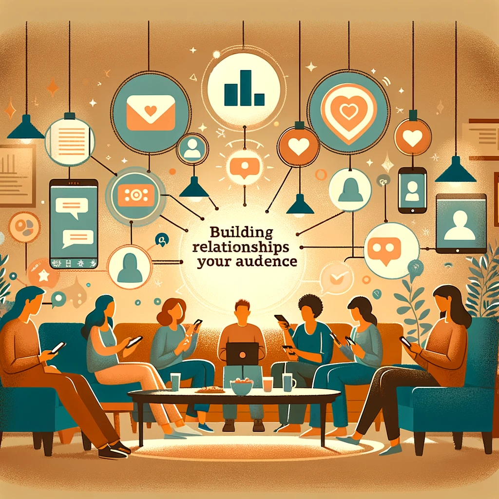 Digital illustration of a diverse group of people engaging over smartphones and tablets in a cozy gathering space, displaying social media interactions in earth tones and soft blues, symbolizing warm and inclusive digital relationships.