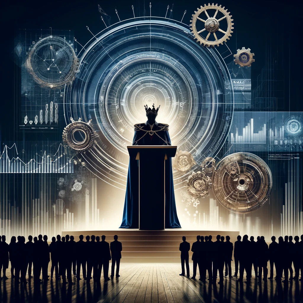 Digital illustration of a leader on a podium, addressing an audience with industry symbols like gears and digital interfaces in the background, colored in deep blues and metallic grays to emphasize authority and expertise.