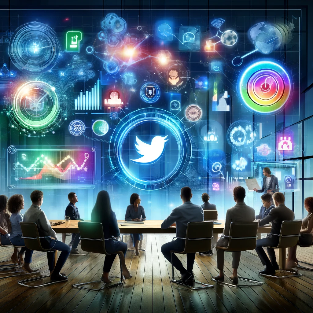 Digital illustration of professionals gathered around a holographic display showing social media analytics and marketing tools in a modern office, colored in bright blues, greens, and purples, symbolizing innovation and connectivity.