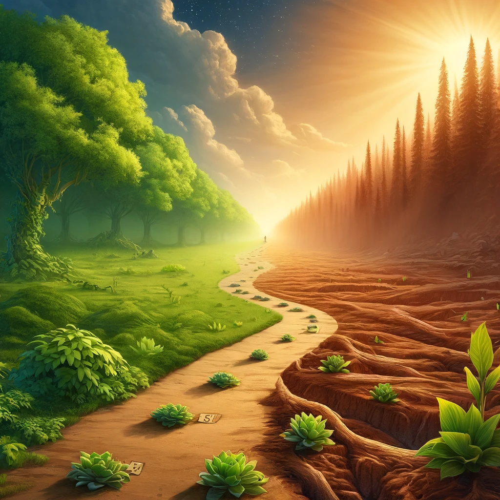 Digital illustration of a vibrant landscape transitioning from a barren desert to a flourishing forest, with a path marked by milestones under a sunrise, in rich greens and earthy browns, symbolizing growth and long-term sustainability.
