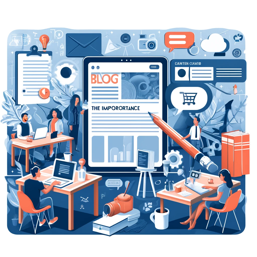 Digital illustration of a diverse group of people around a large digital tablet displaying a blog layout, set in a workspace with laptops and coffee cups, now colored in shades of blue, grey, and white to emphasize professionalism and clarity.