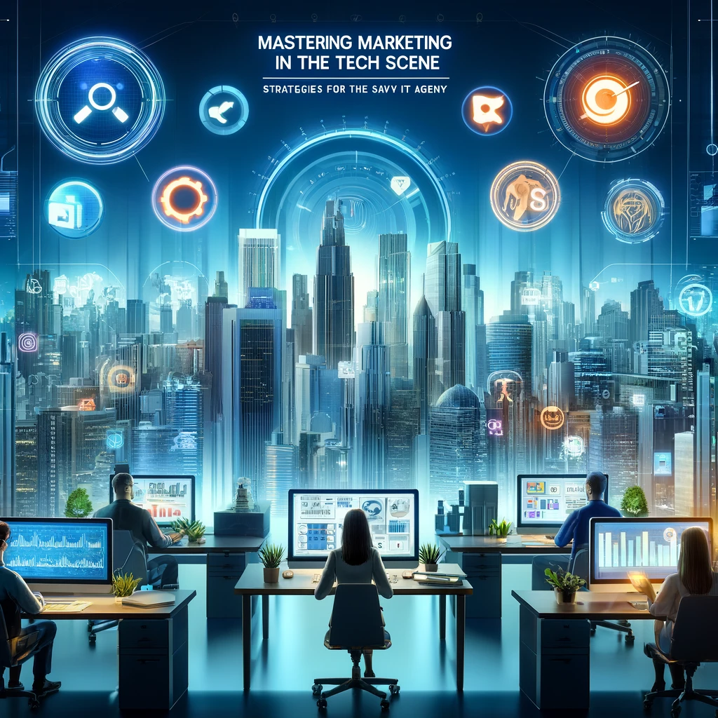 A digital illustration of marketing professionals at workstations with a futuristic cityscape background, and digital icons of SEO, social media, and analytics floating above, in a palette of corporate blues, silver, and vibrant orange accents.