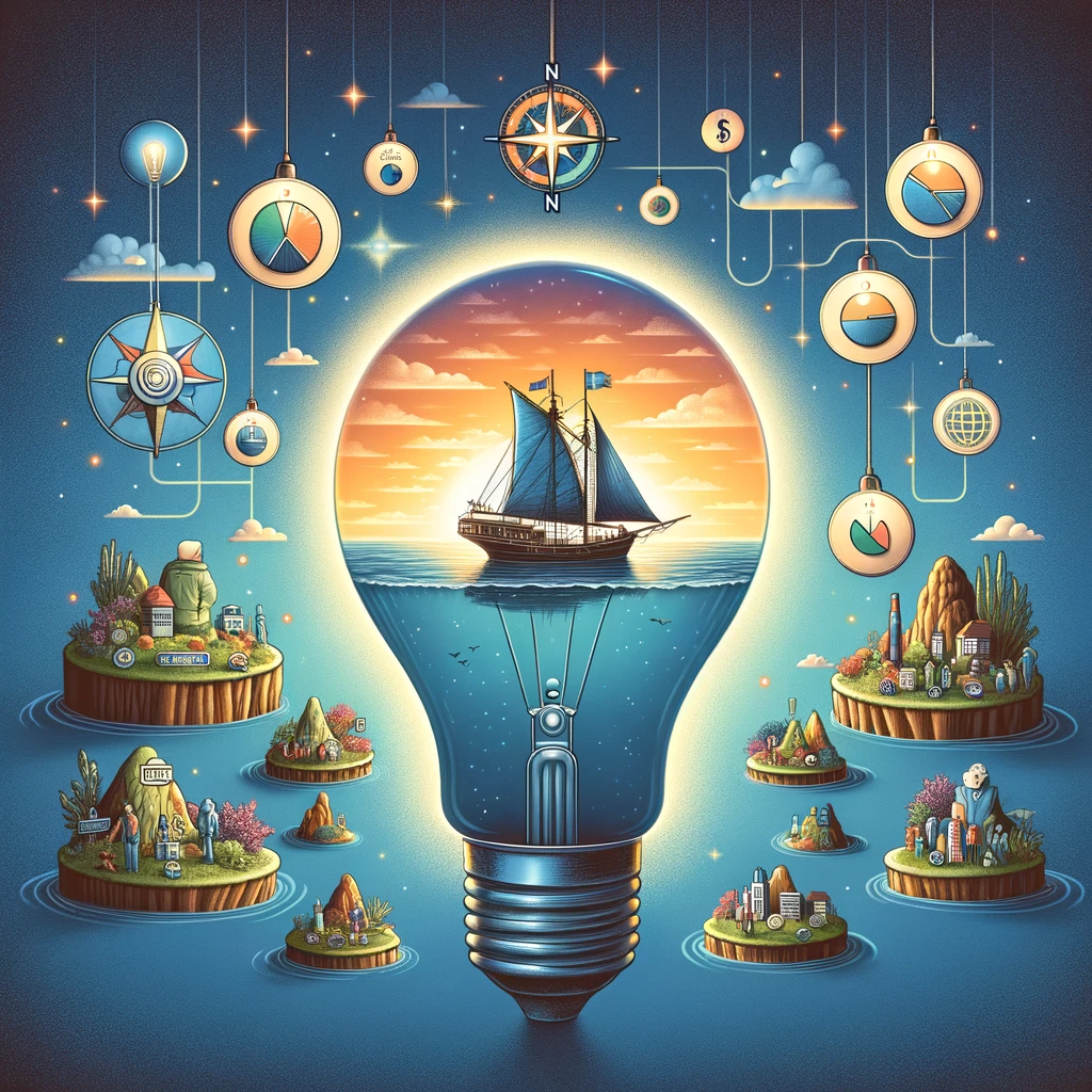 Illustration of a ship navigating a sea inside a light bulb, surrounded by islands with demographic symbols, under a compass with marketing icons, in ocean blues and sunset colors, conveying the exploration of niche markets.