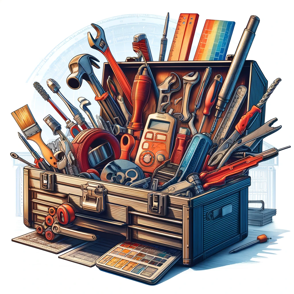 Digital illustration of an open toolbox filled with a variety of professional tools such as a hammer, screwdriver, paintbrush, laptop, and graph charts, set against a workshop background, in vibrant reds, blues, and metallic tones.