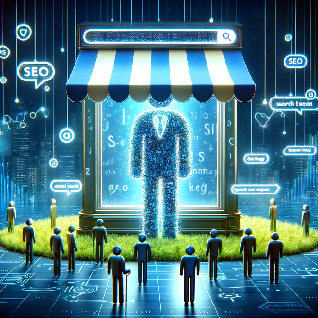 Digital illustration showing an abstract figure made of keywords and search engine icons, like a salesman behind a store window, attracting online users against a digital cityscape in shades of blue and green, symbolizing SEO's role in digital growth.