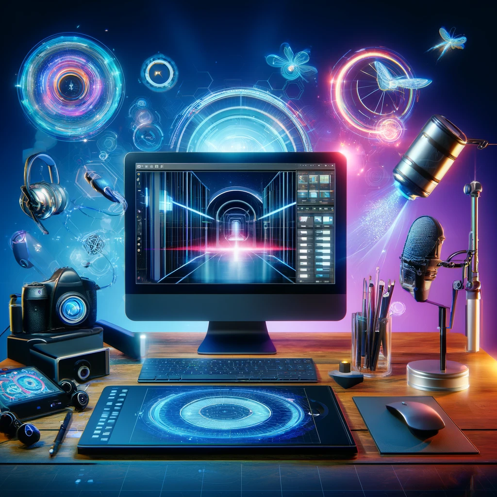 Digital illustration of a content creator's desk with advanced software on the screen, and creative tools like a camera, microphone, graphics tablet, and VR headset, all against a backdrop of holographic displays in electric blues, purples, and neon accents.