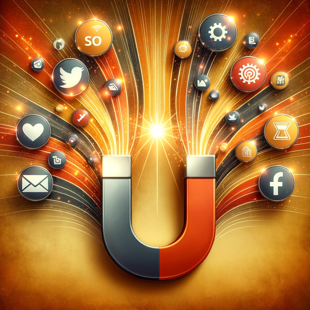 Conceptual digital illustration of a large magnet in the center with waves pulling in various inbound marketing symbols like social media and email icons, set against a warm gradient of orange and yellow, conveying the attractive power of inbound marketing.