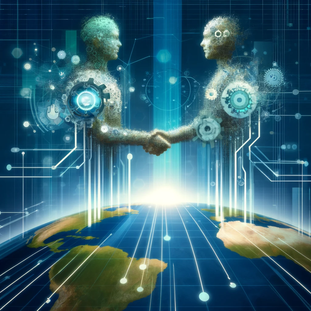 Digital illustration of two abstract figures, composed of gears and circuits, shaking hands over a digital world map, with a network connecting major cities in the background, colored in cool shades of blue and green to symbolize trust and global partnership.