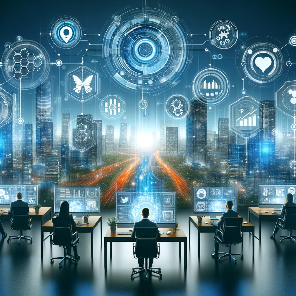 Digital illustration of marketing professionals at workstations with a futuristic cityscape background, and digital icons of SEO, social media, and analytics floating above, in a palette of corporate blues, silver, and vibrant orange accents.