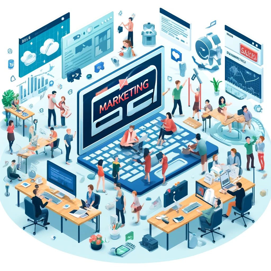 Isometric illustration of a bustling marketing environment with a central tablet displaying 'MARKETING' and people working collaboratively.