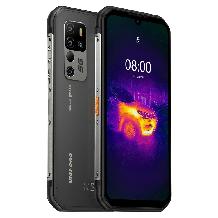 "Front and back view of the Ulefone Armor 9 smartphone, showcasing its rugged design with a 6.3-inch screen on the front and integrated FLIR thermal camera on the back, set against a simple background to highlight its durability features and ports."