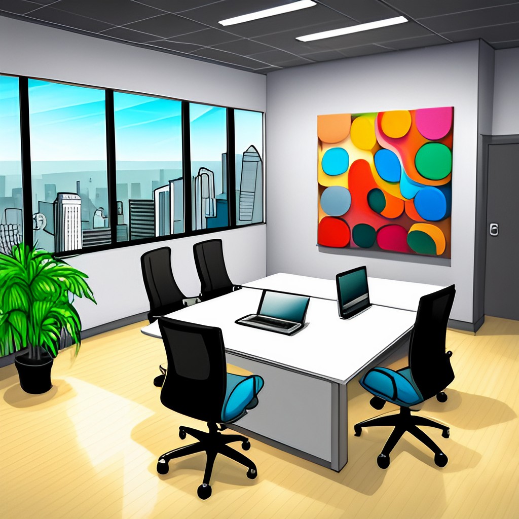 Colorful office scene featuring four chairs and two computers