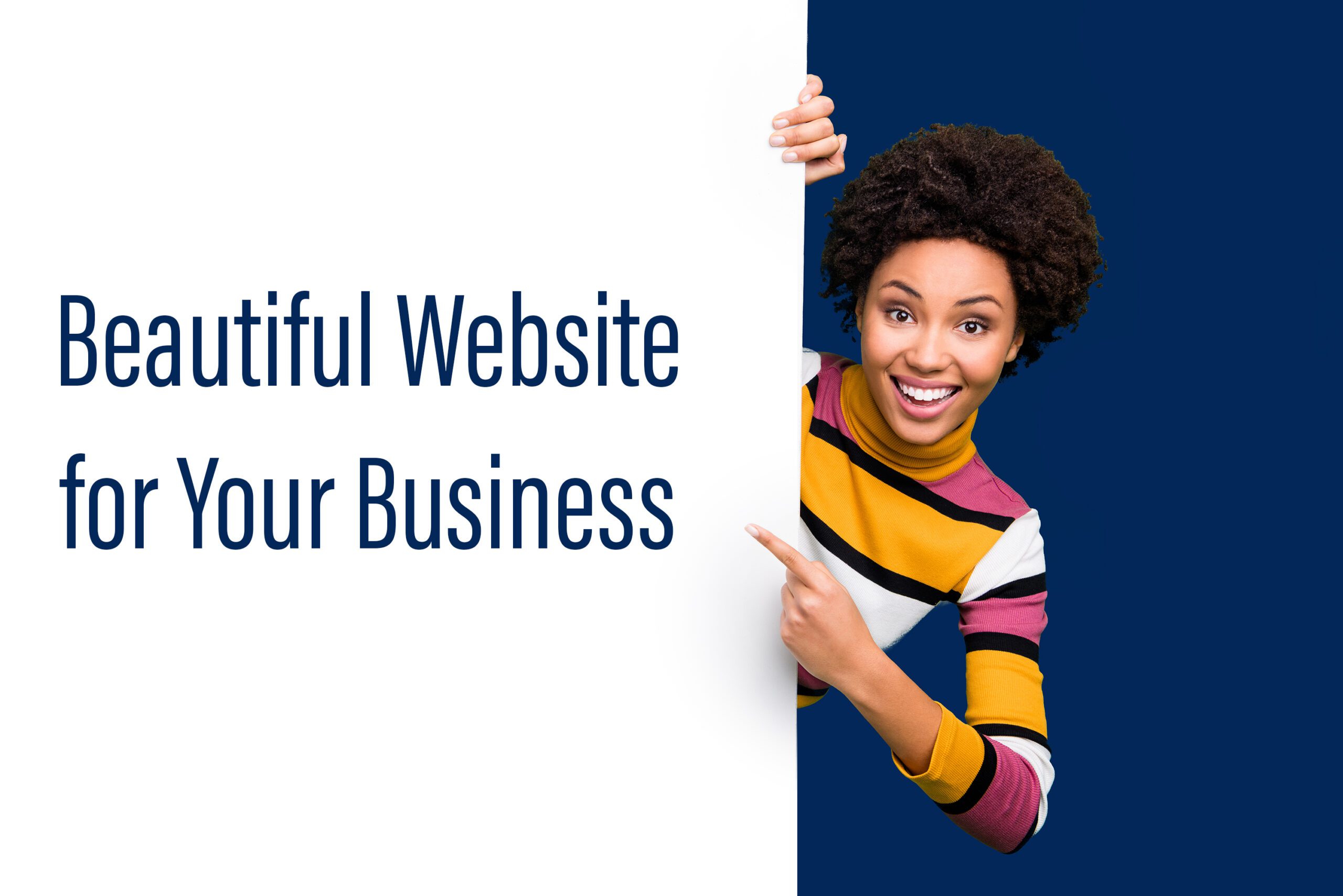 A cheerful woman with curly hair pointing to text "Beautiful Website for Your Business" on a split blue and white background.