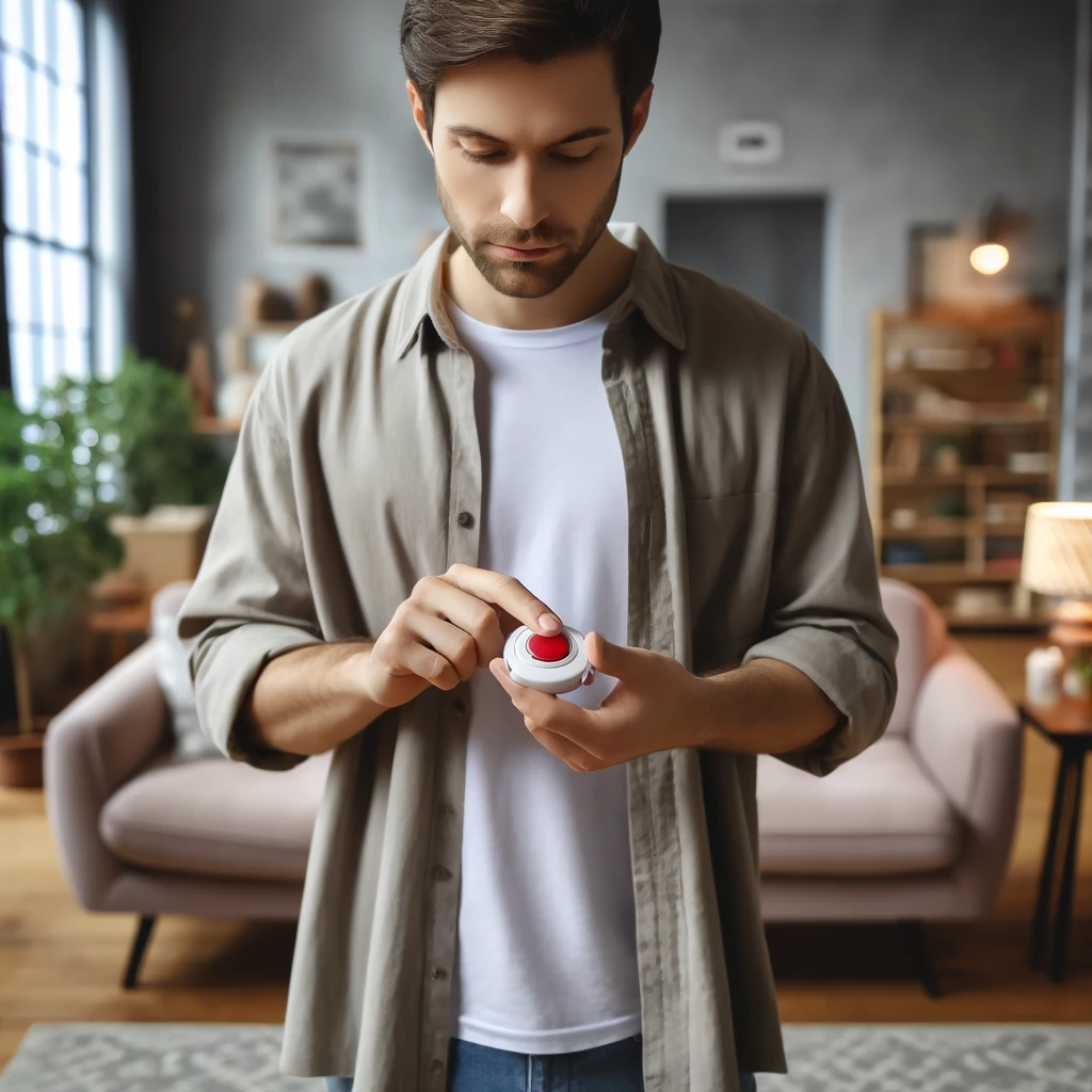 A person in casual clothing holds a red panic alarm button in a modern, cozy living room, highlighting its ease of use and accessibility.