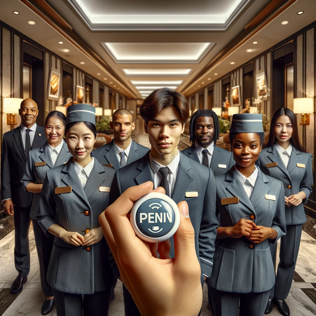 Diverse hotel workers in uniform, holding panic buttons, stand in a plush hotel hallway, illustrating empowerment and legal compliance in worker safety.