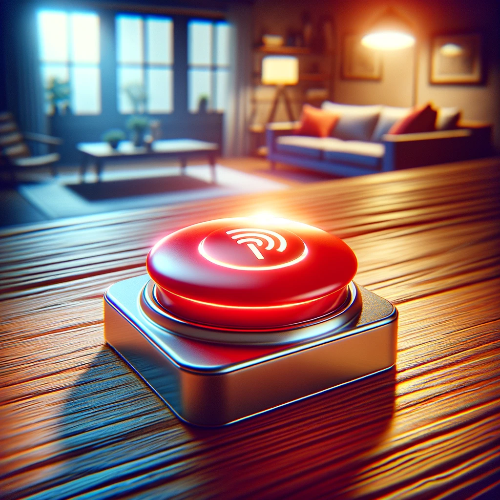 A modern, red panic button on a wooden table, with a blurred living room in the background, representing its domestic use and reliability.