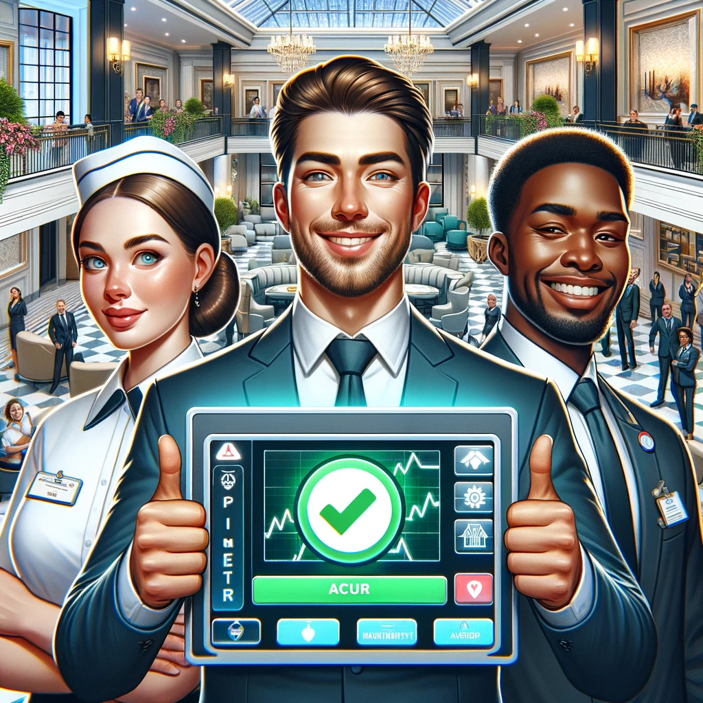 Diverse hotel staff appear secure and relieved next to a display showing a green check mark in a bustling, luxurious hotel lobby, highlighting the safety provided by a panic alarm system.