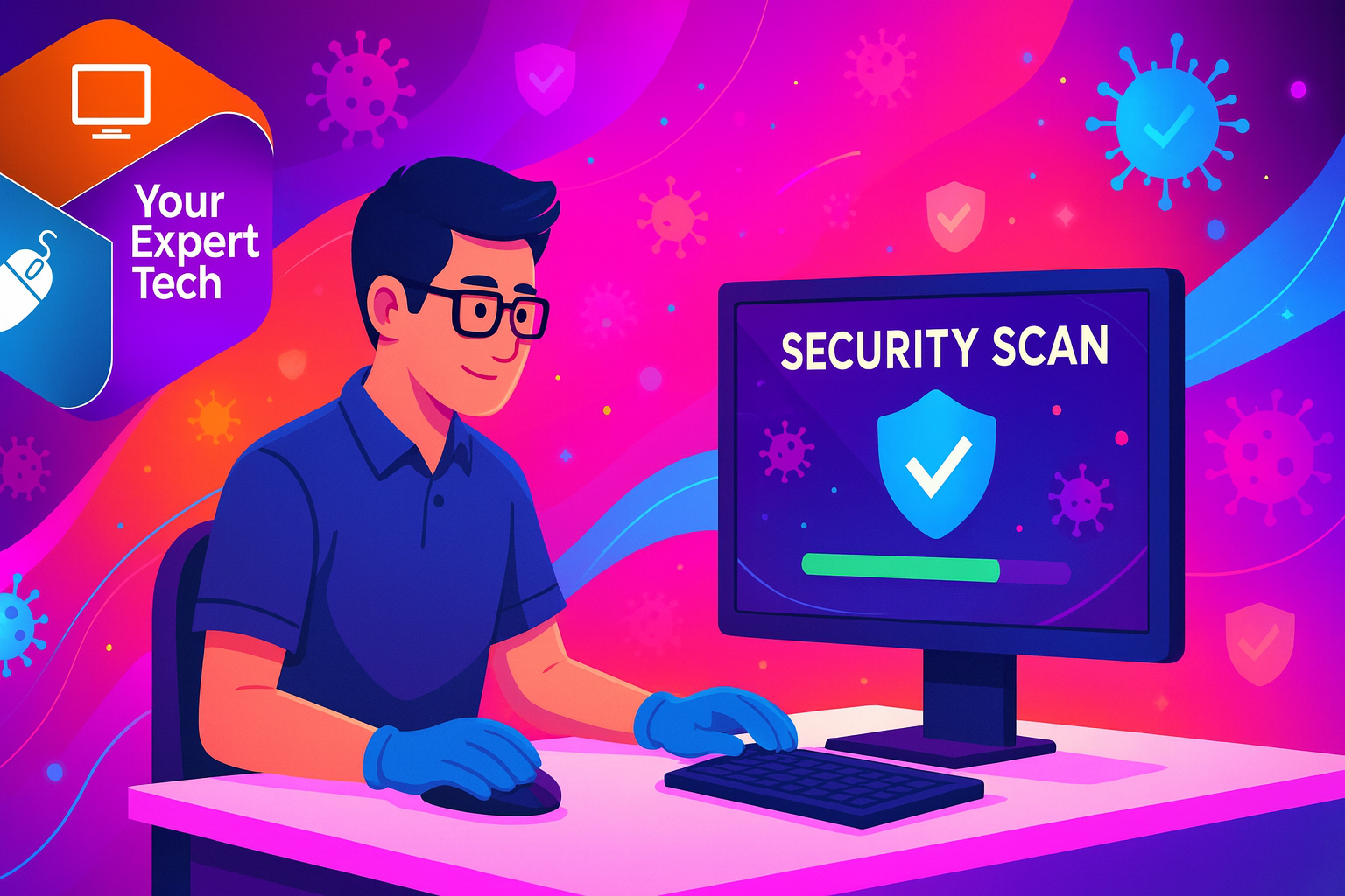 Colorful digital illustration showing a Your Expert Tech technician monitoring a computer security scan, with the company logo and vibrant tech-inspired background.
