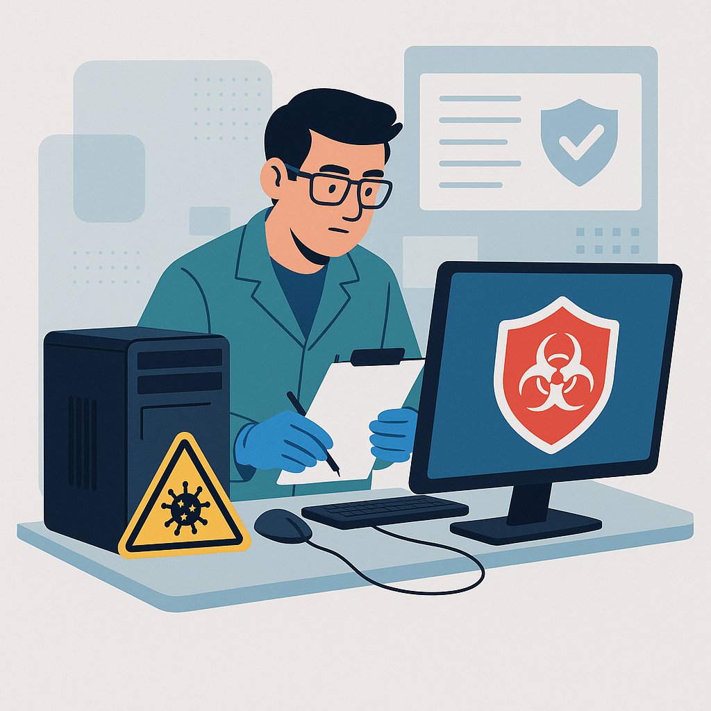 Computer technician in a secure lab environment quarantining and removing viruses from a desktop computer, surrounded by data protection and antivirus icons.