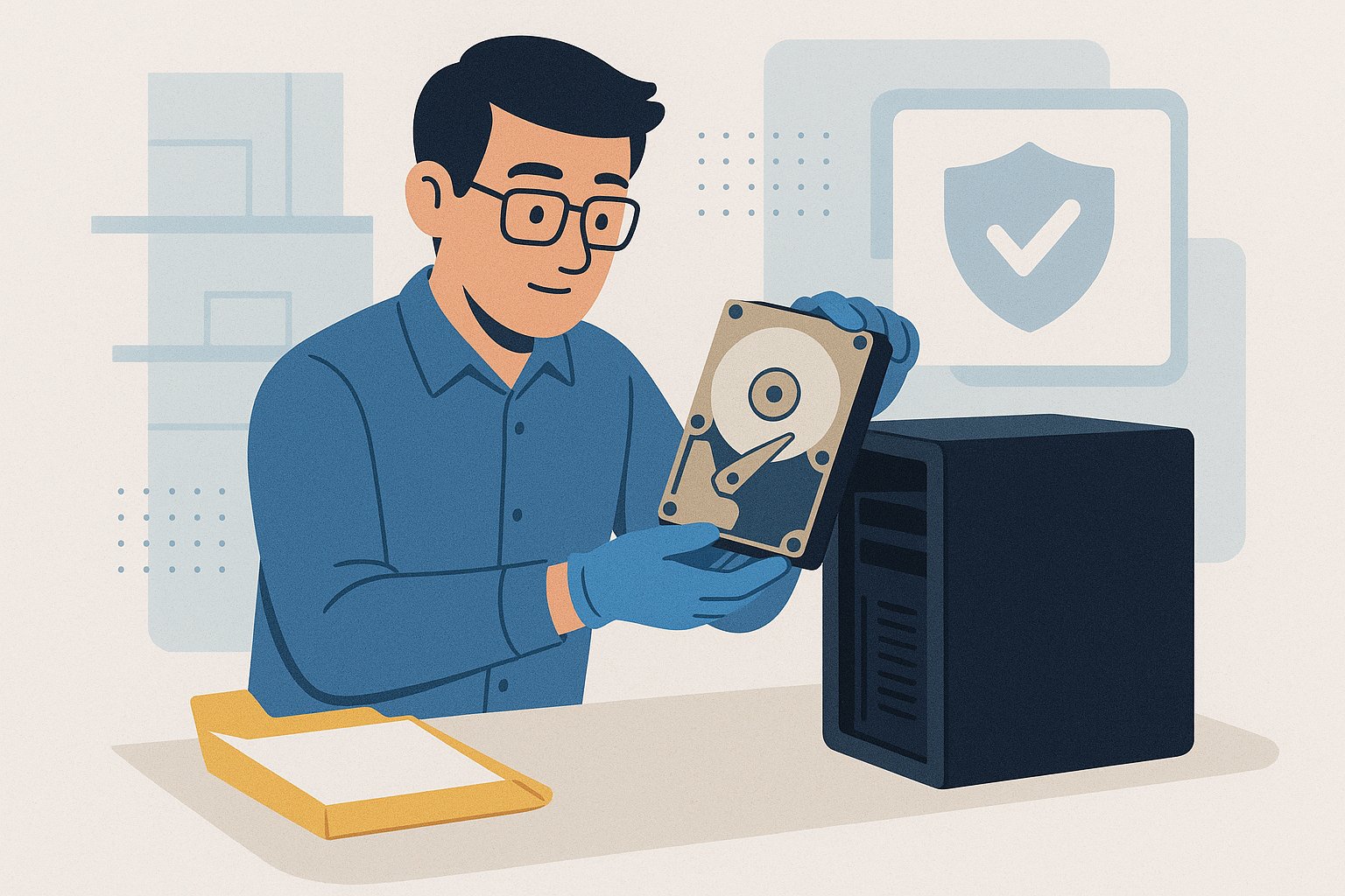 Technician removing a computer hard drive to secure and protect files in a safe environment, symbolizing data protection and cybersecurity
